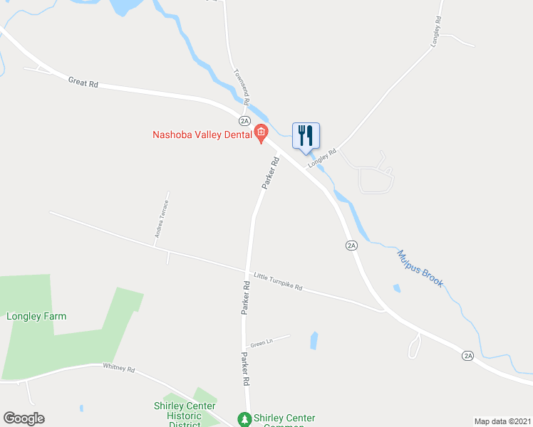 map of restaurants, bars, coffee shops, grocery stores, and more near 53 Parker Road in Shirley