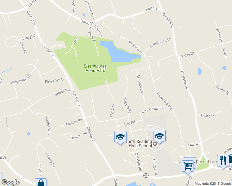 map of restaurants, bars, coffee shops, grocery stores, and more near 25 Maple Road in North Reading