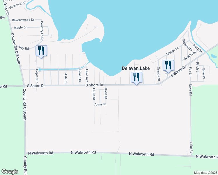 map of restaurants, bars, coffee shops, grocery stores, and more near W6845 South Shore Drive in Delavan