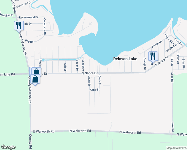 map of restaurants, bars, coffee shops, grocery stores, and more near W6877 S Shore Dr in Delavan