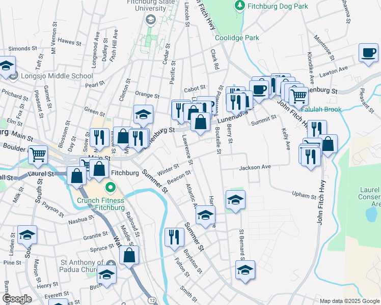 map of restaurants, bars, coffee shops, grocery stores, and more near 28 Lawrence Street in Fitchburg