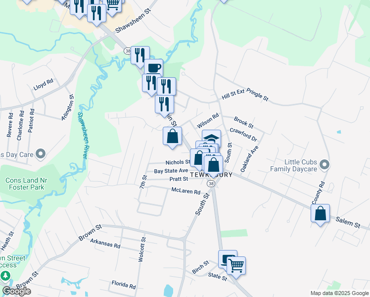 map of restaurants, bars, coffee shops, grocery stores, and more near 2221 Massachusetts 38 in Tewksbury