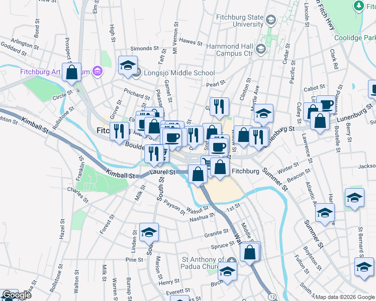 map of restaurants, bars, coffee shops, grocery stores, and more near 279 Main Street in Fitchburg