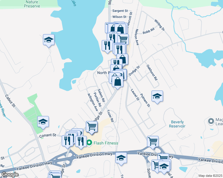 map of restaurants, bars, coffee shops, grocery stores, and more near 5 Devon Avenue in Beverly