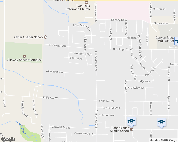 map of restaurants, bars, coffee shops, grocery stores, and more near White Birch Avenue in Twin Falls
