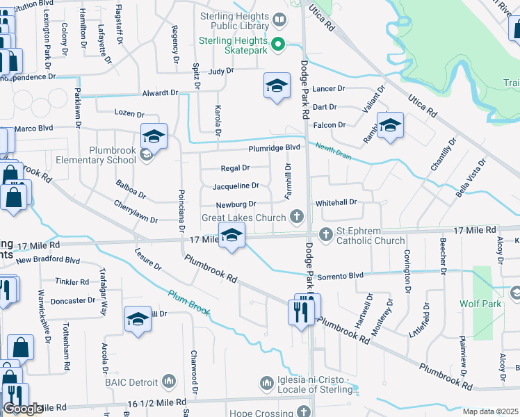 map of restaurants, bars, coffee shops, grocery stores, and more near 39175 Lea Court in Sterling Heights