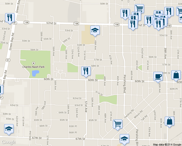 map of restaurants, bars, coffee shops, grocery stores, and more near 4924 60th Street in Kenosha