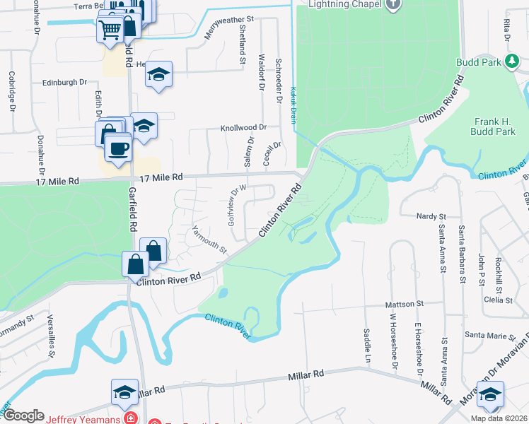 map of restaurants, bars, coffee shops, grocery stores, and more near 17515 Clinton River Road in Clinton Township