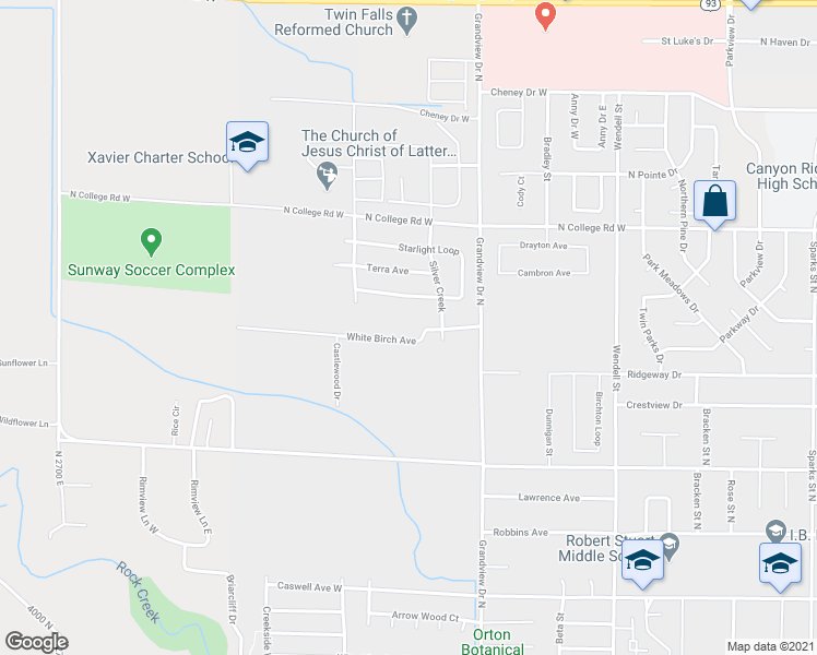 map of restaurants, bars, coffee shops, grocery stores, and more near 1015 White Birch Avenue in Twin Falls