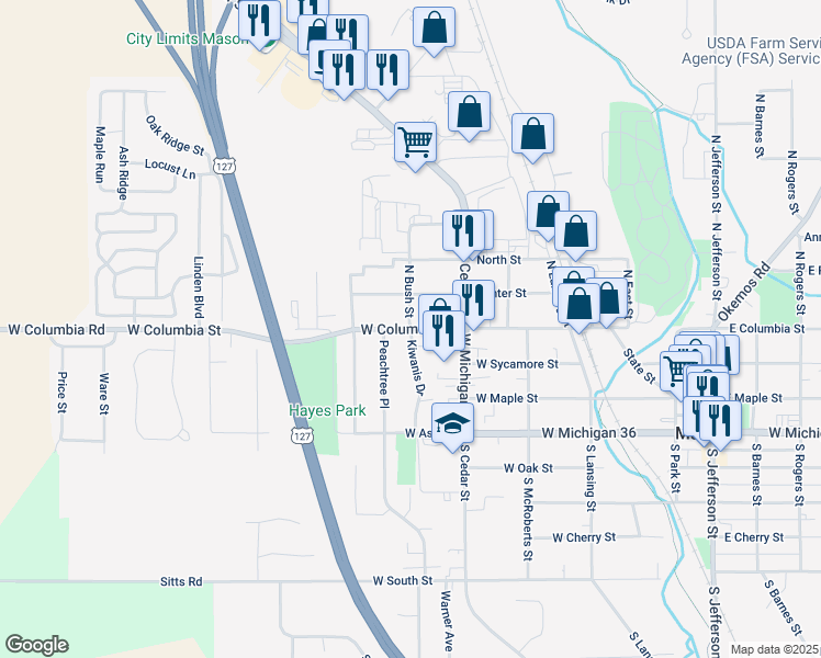 map of restaurants, bars, coffee shops, grocery stores, and more near West Columbia Street in Mason