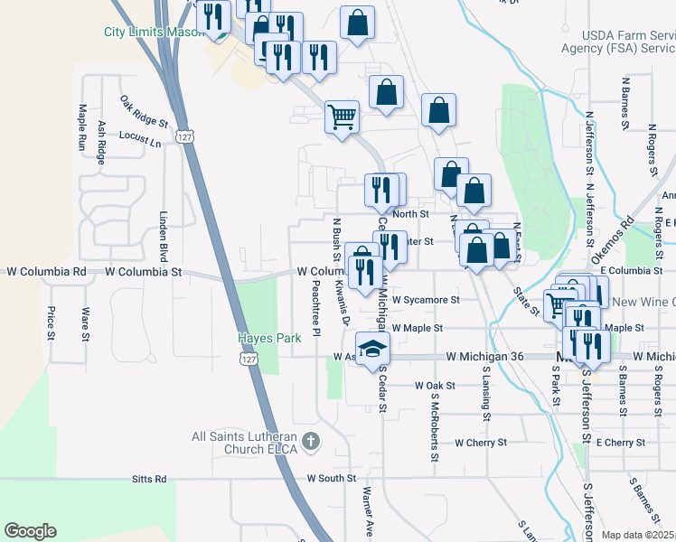 map of restaurants, bars, coffee shops, grocery stores, and more near West Columbia Street in Mason