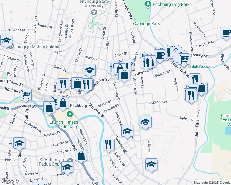 map of restaurants, bars, coffee shops, grocery stores, and more near 28 Lawrence Street in Fitchburg