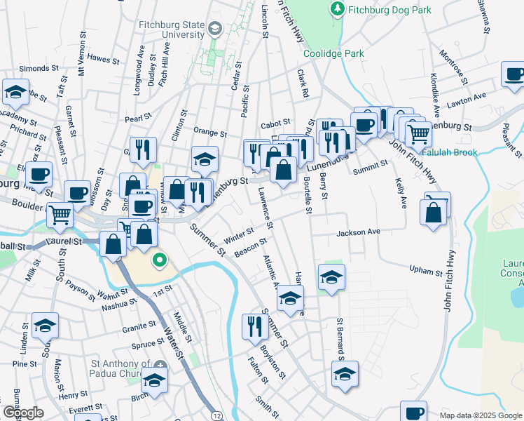 map of restaurants, bars, coffee shops, grocery stores, and more near 28 Lawrence Street in Fitchburg