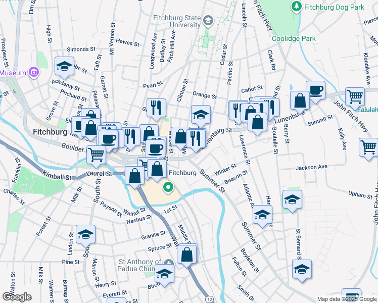 map of restaurants, bars, coffee shops, grocery stores, and more near 17 Lunenburg Street in Fitchburg
