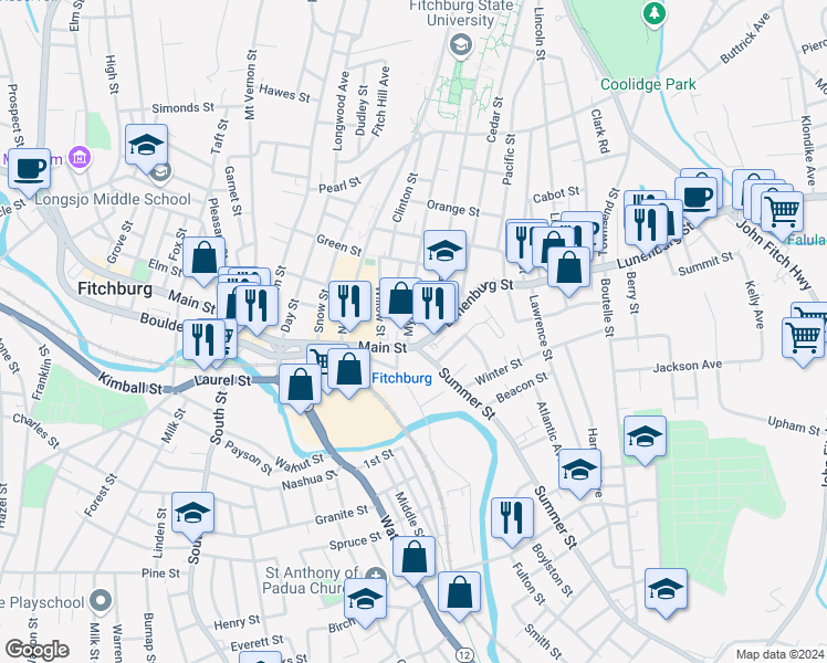 map of restaurants, bars, coffee shops, grocery stores, and more near 17 Lunenburg Street in Fitchburg