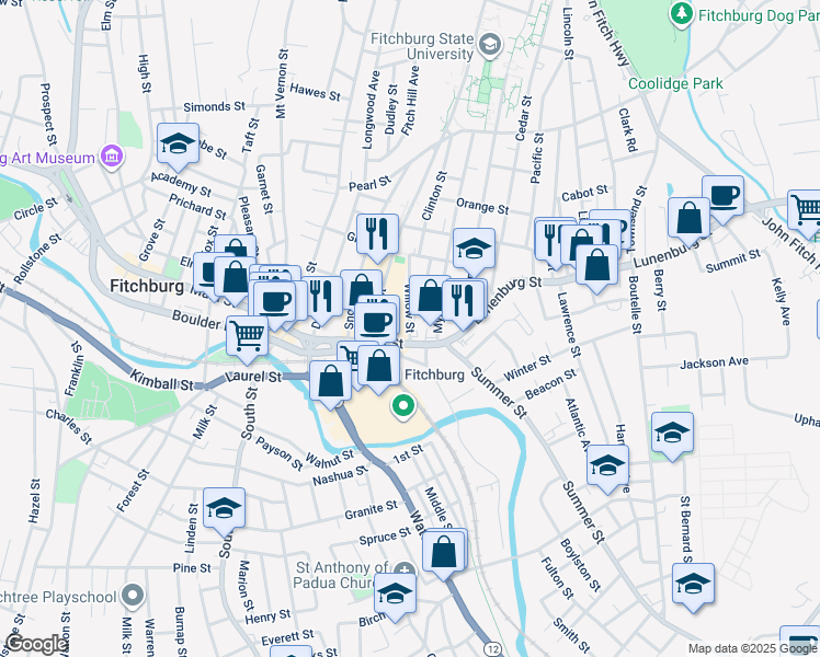 map of restaurants, bars, coffee shops, grocery stores, and more near 35 Main Street in Fitchburg