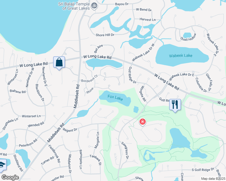 map of restaurants, bars, coffee shops, grocery stores, and more near 2056 Rhine in West Bloomfield Township