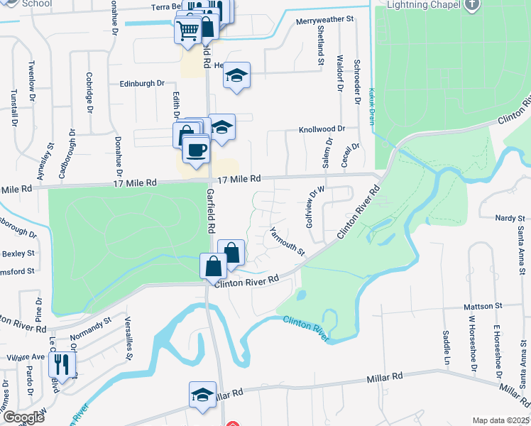 map of restaurants, bars, coffee shops, grocery stores, and more near 38653 Bayside Court in Clinton Township