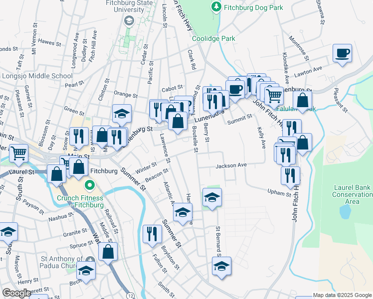 map of restaurants, bars, coffee shops, grocery stores, and more near 82 Winter Street in Fitchburg
