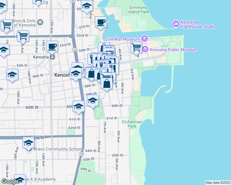 map of restaurants, bars, coffee shops, grocery stores, and more near 5902 5th Avenue in Kenosha