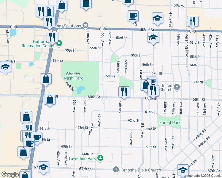 map of restaurants, bars, coffee shops, grocery stores, and more near 5502 60th Street in Kenosha