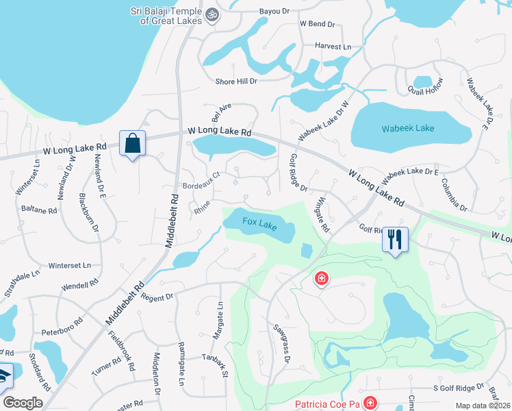 map of restaurants, bars, coffee shops, grocery stores, and more near 2128 Rhine in West Bloomfield Township