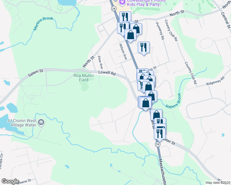 map of restaurants, bars, coffee shops, grocery stores, and more near 19R Abbott Rd in North Reading