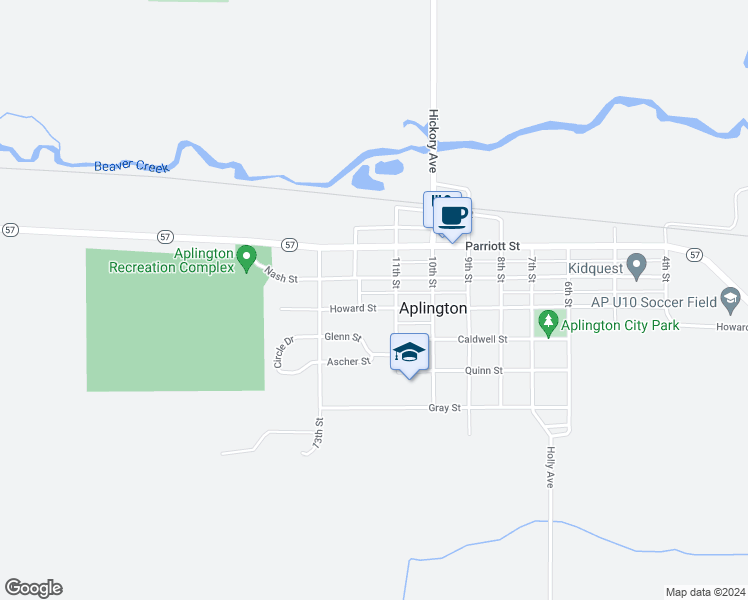 map of restaurants, bars, coffee shops, grocery stores, and more near 1120 Howard Street in Aplington