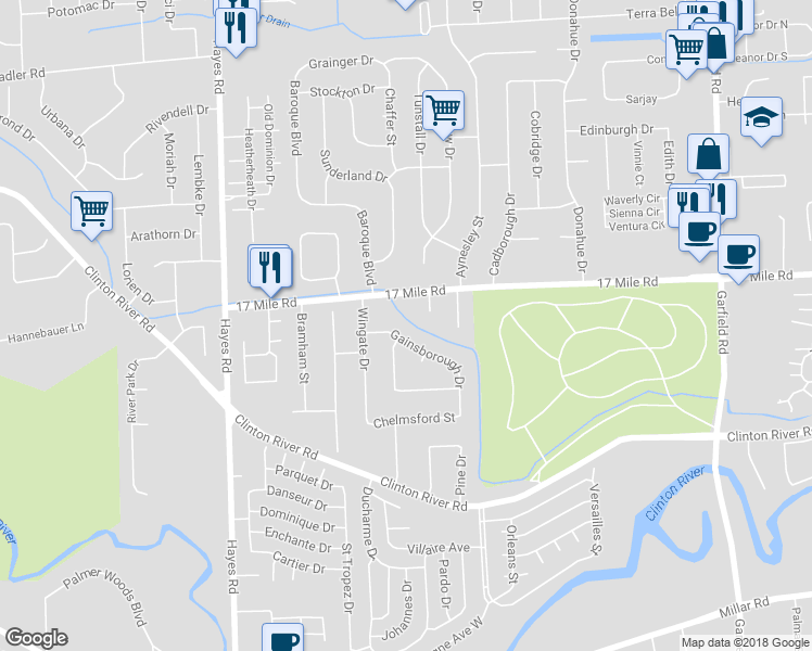 map of restaurants, bars, coffee shops, grocery stores, and more near 38800 Gainsborough Drive in Charter Township of Clinton