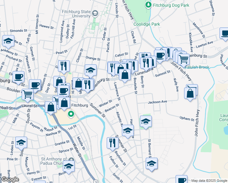 map of restaurants, bars, coffee shops, grocery stores, and more near 28 Lawrence Street in Fitchburg