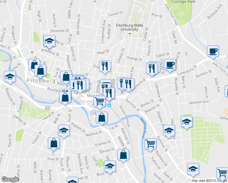 map of restaurants, bars, coffee shops, grocery stores, and more near 35 Main Street in Fitchburg