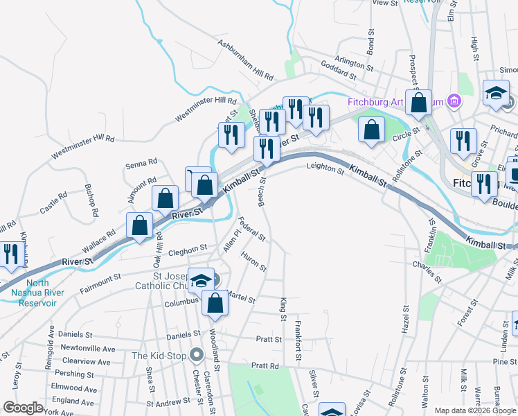 map of restaurants, bars, coffee shops, grocery stores, and more near 79 Beech Street in Fitchburg