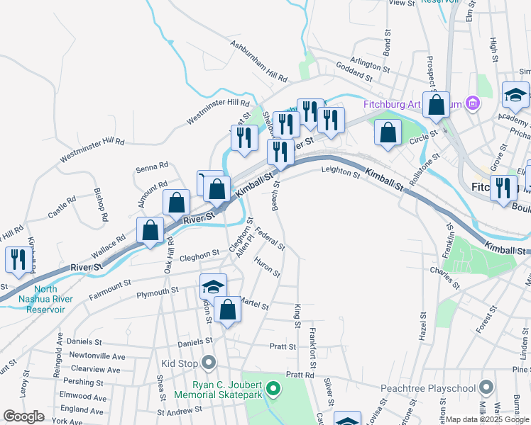 map of restaurants, bars, coffee shops, grocery stores, and more near 79 Beech Street in Fitchburg