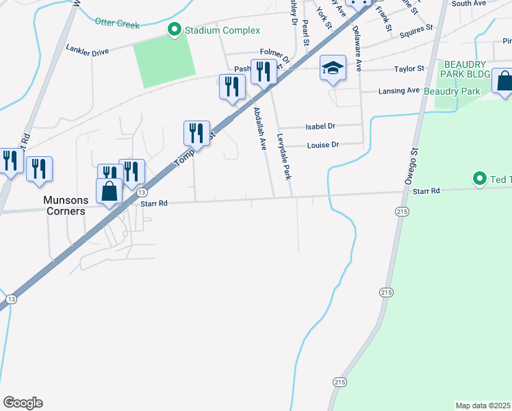 map of restaurants, bars, coffee shops, grocery stores, and more near 1170 Starr Road in Cortland