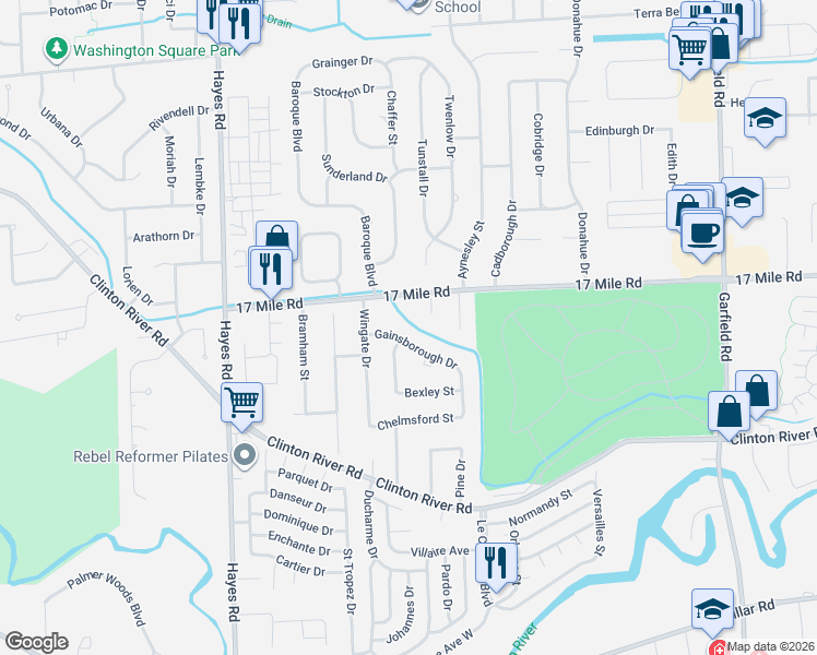 map of restaurants, bars, coffee shops, grocery stores, and more near 38800 Gainsborough Drive in Charter Township of Clinton