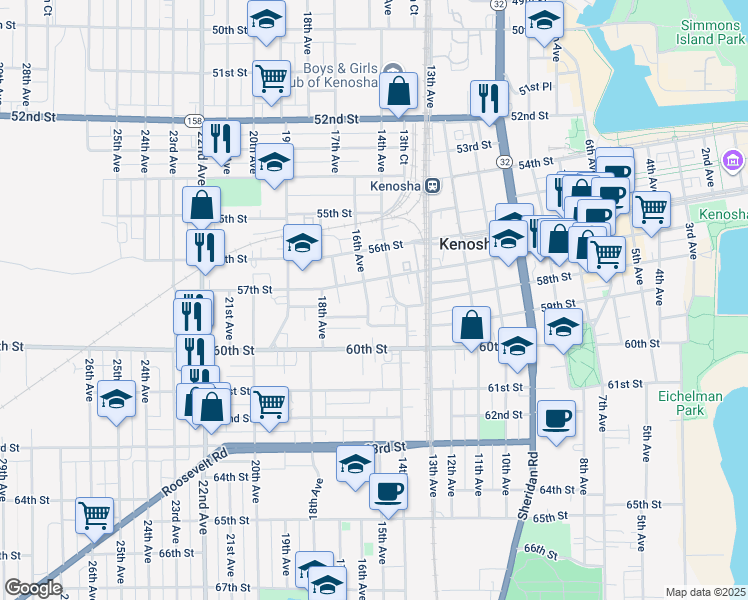 map of restaurants, bars, coffee shops, grocery stores, and more near 5803 16th Avenue in Kenosha