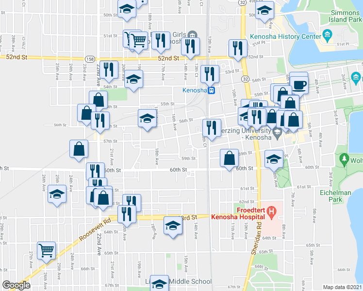 map of restaurants, bars, coffee shops, grocery stores, and more near 5719 16th Avenue in Kenosha