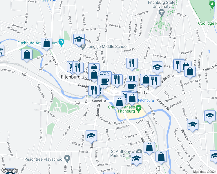 map of restaurants, bars, coffee shops, grocery stores, and more near 325 Main Street in Fitchburg