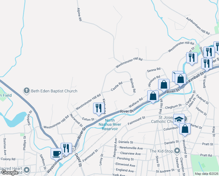 map of restaurants, bars, coffee shops, grocery stores, and more near 47 Castle Road in Fitchburg