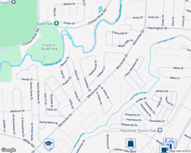map of restaurants, bars, coffee shops, grocery stores, and more near 38327 Hidden Lane in Clinton Township