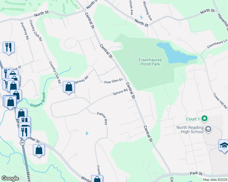 map of restaurants, bars, coffee shops, grocery stores, and more near 9 Spruce Road in North Reading
