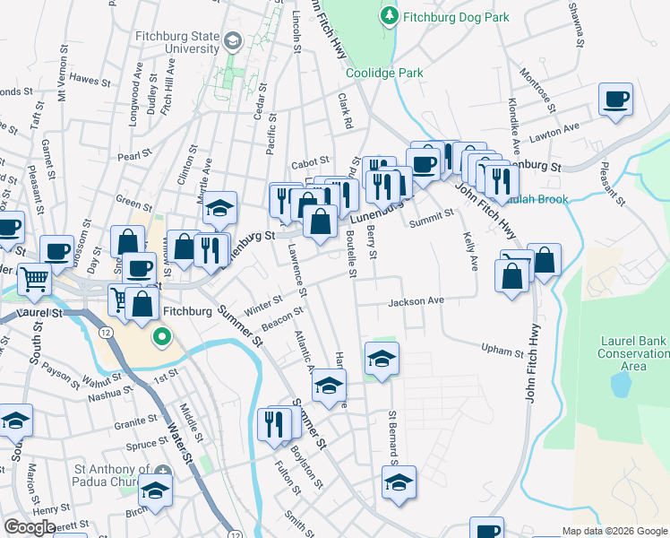 map of restaurants, bars, coffee shops, grocery stores, and more near 82 Winter Street in Fitchburg