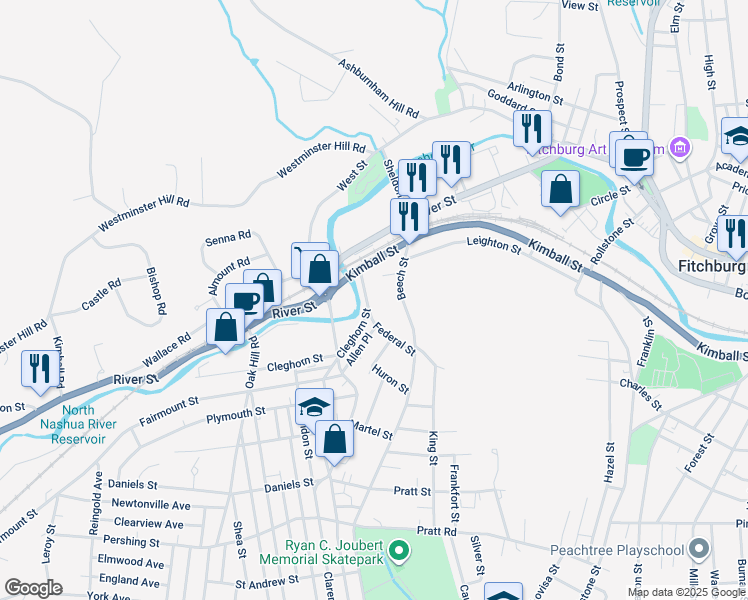 map of restaurants, bars, coffee shops, grocery stores, and more near 14 Cleghorn Street in Fitchburg