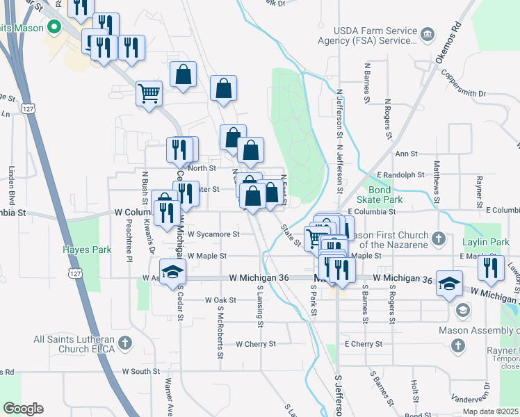 map of restaurants, bars, coffee shops, grocery stores, and more near 111 North Mason Street in Mason