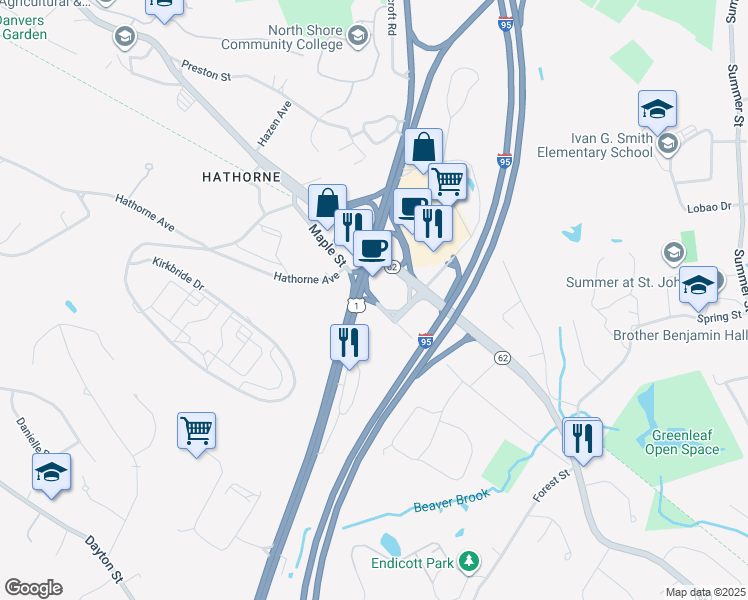 map of restaurants, bars, coffee shops, grocery stores, and more near Maple Street in Danvers