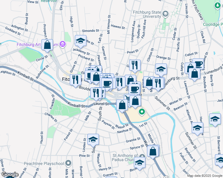 map of restaurants, bars, coffee shops, grocery stores, and more near 325 Main Street in Fitchburg