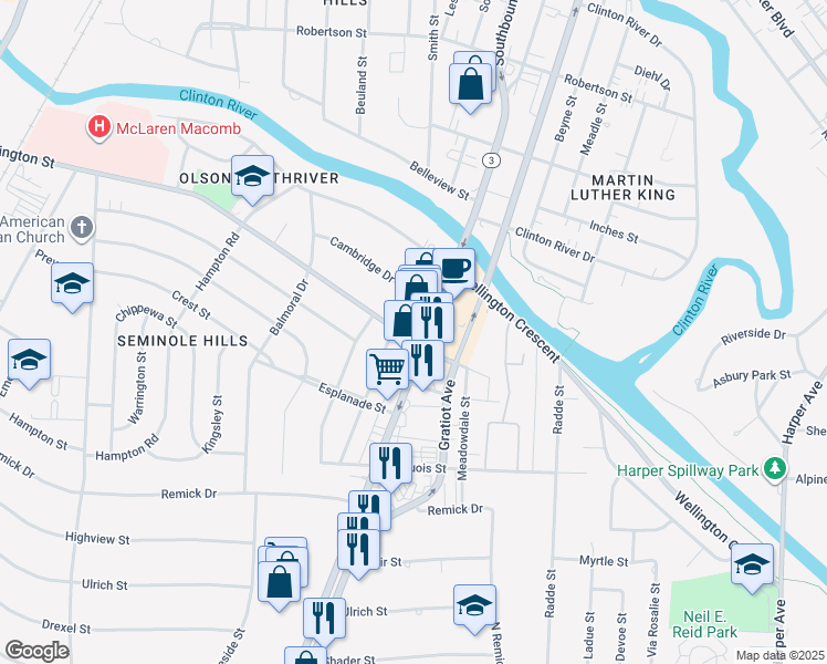map of restaurants, bars, coffee shops, grocery stores, and more near 1160 Southbound Gratiot Avenue in Mount Clemens