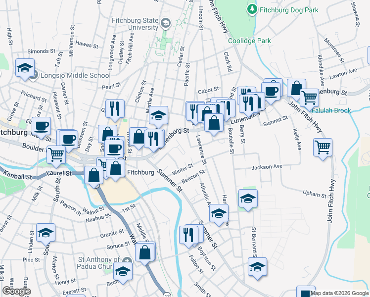 map of restaurants, bars, coffee shops, grocery stores, and more near 29 Brigham Park in Fitchburg