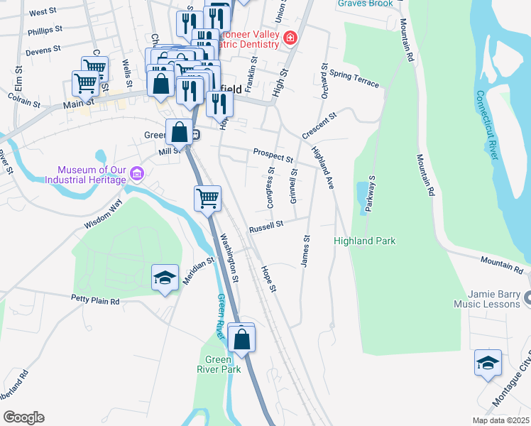 map of restaurants, bars, coffee shops, grocery stores, and more near 11-13 Russell Street in Greenfield
