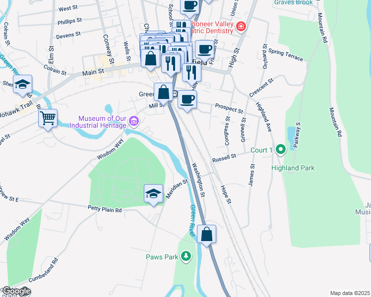 map of restaurants, bars, coffee shops, grocery stores, and more near 126 Deerfield Street in Greenfield